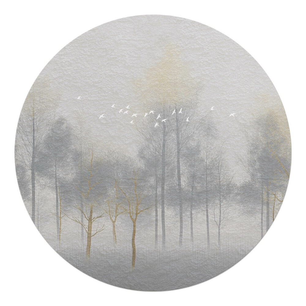 Podložka pod kolieskovú stoličku okrúhla Hmlistý les s vtákmi