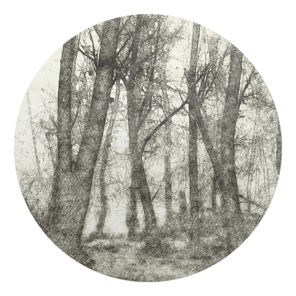 Podložka pod stoličku na kolieskach okrúhla Náčrt lesa v sépiovej farbe