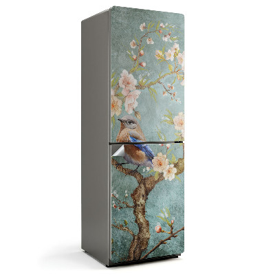 Nálepka na chladničku Vták na konári s kvetmi