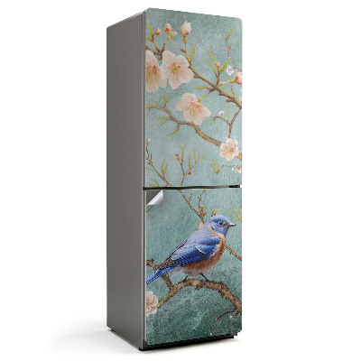 Nálepka na chladničku Vták na konári s kvetmi