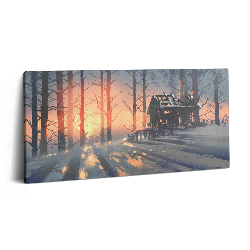 Obraz na plátne 120x60 Zimný súmrak v lese s chatou