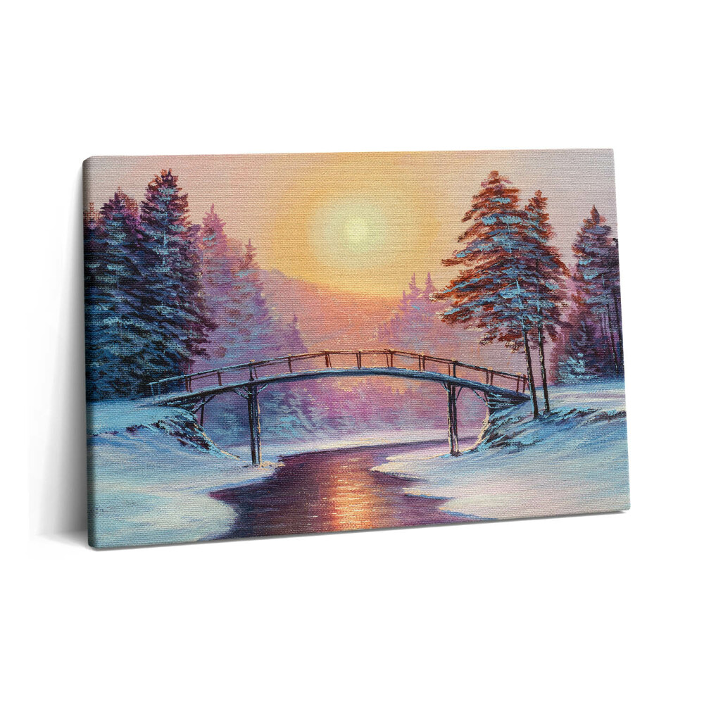 Obraz na plátne 60x40 Maľba - most cez rieku a zimný západ slnka