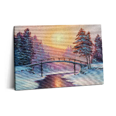 Obraz na plátne 60x40 Maľba - most cez rieku a zimný západ slnka