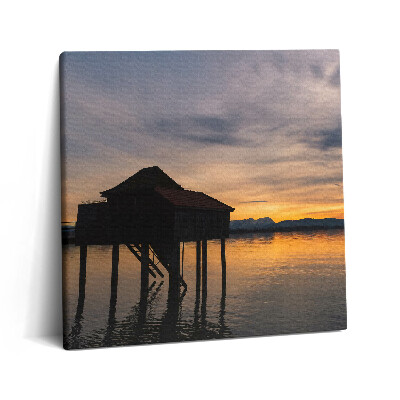 Fotoobraz na plátne 60x60 Dom na jazere pri západe slnka