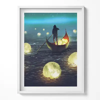 Obraz v ráme s ilustráciou lodí a mesiacov