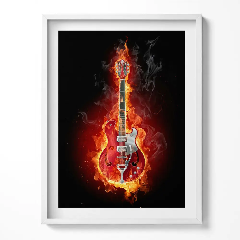 Obraz v ráme Horiaca červená elektrická gitara