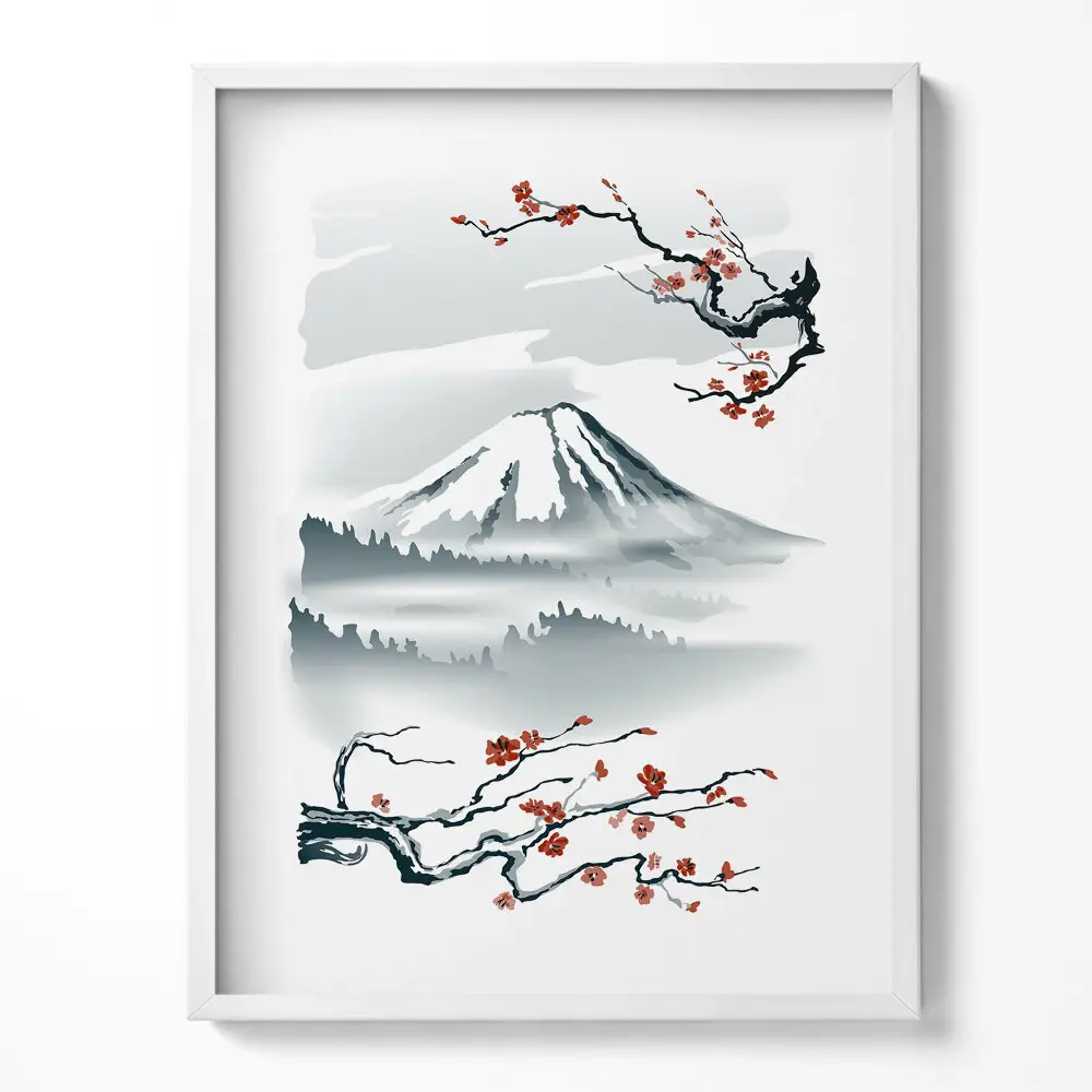 Obraz v ráme Japonská ilustrácia hory Fuji a čerešňových kvetov