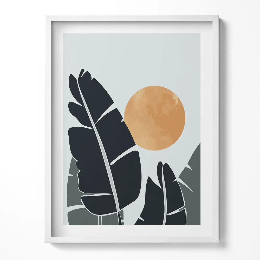 Obraz v ráme s minimalistickým motívom rastlín a slnka v boho štýle