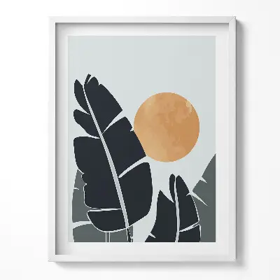 Obraz v ráme s minimalistickým motívom rastlín a slnka v boho štýle