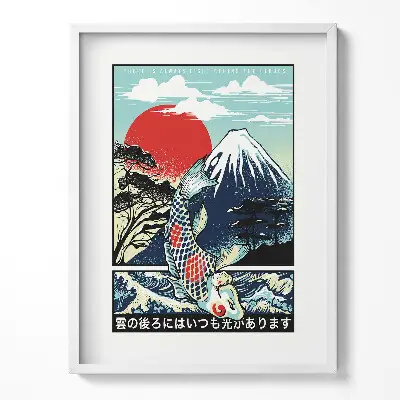 Obraz v ráme Japonská ilustrácia hory Fudži a rýb Koi