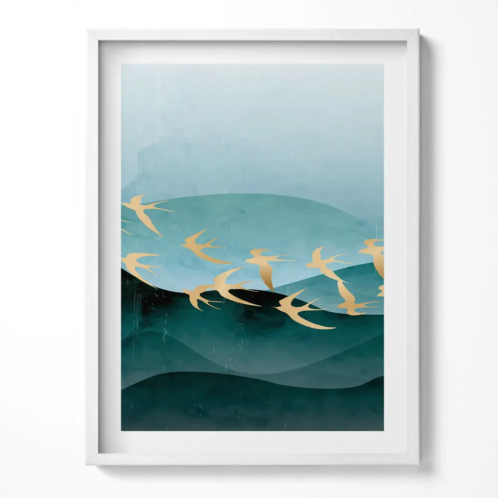Obraz v ráme s ilustráciou zlatých vtákov na oblohe