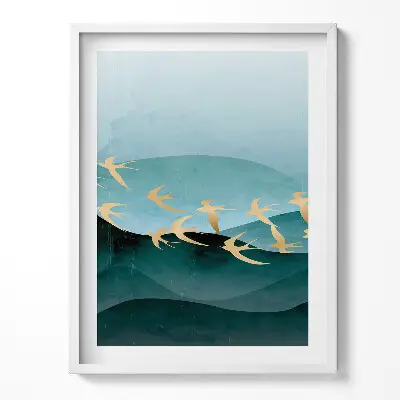 Obraz v ráme s ilustráciou zlatých vtákov na oblohe