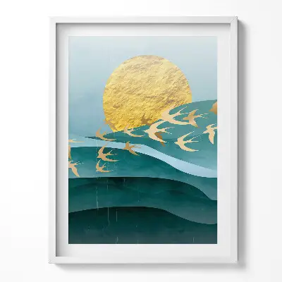 Obraz v ráme s ilustráciou zlatých vtákov na oblohe