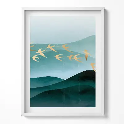Obraz v ráme s ilustráciou zlatých vtákov na oblohe
