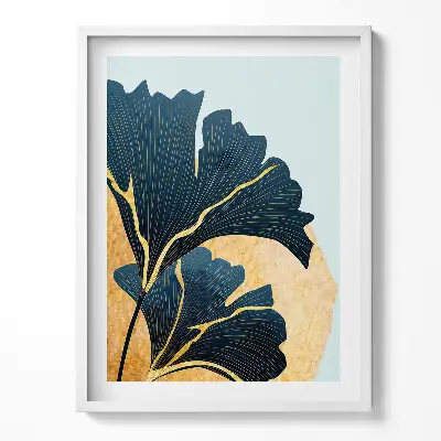 Obraz v ráme s ilustráciou listov ginkga a zlatého slnka