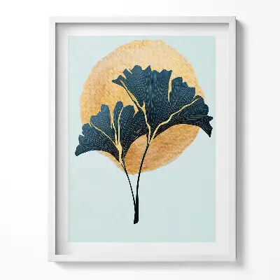 Obraz v ráme s ilustráciou listov ginkga a zlatého slnka