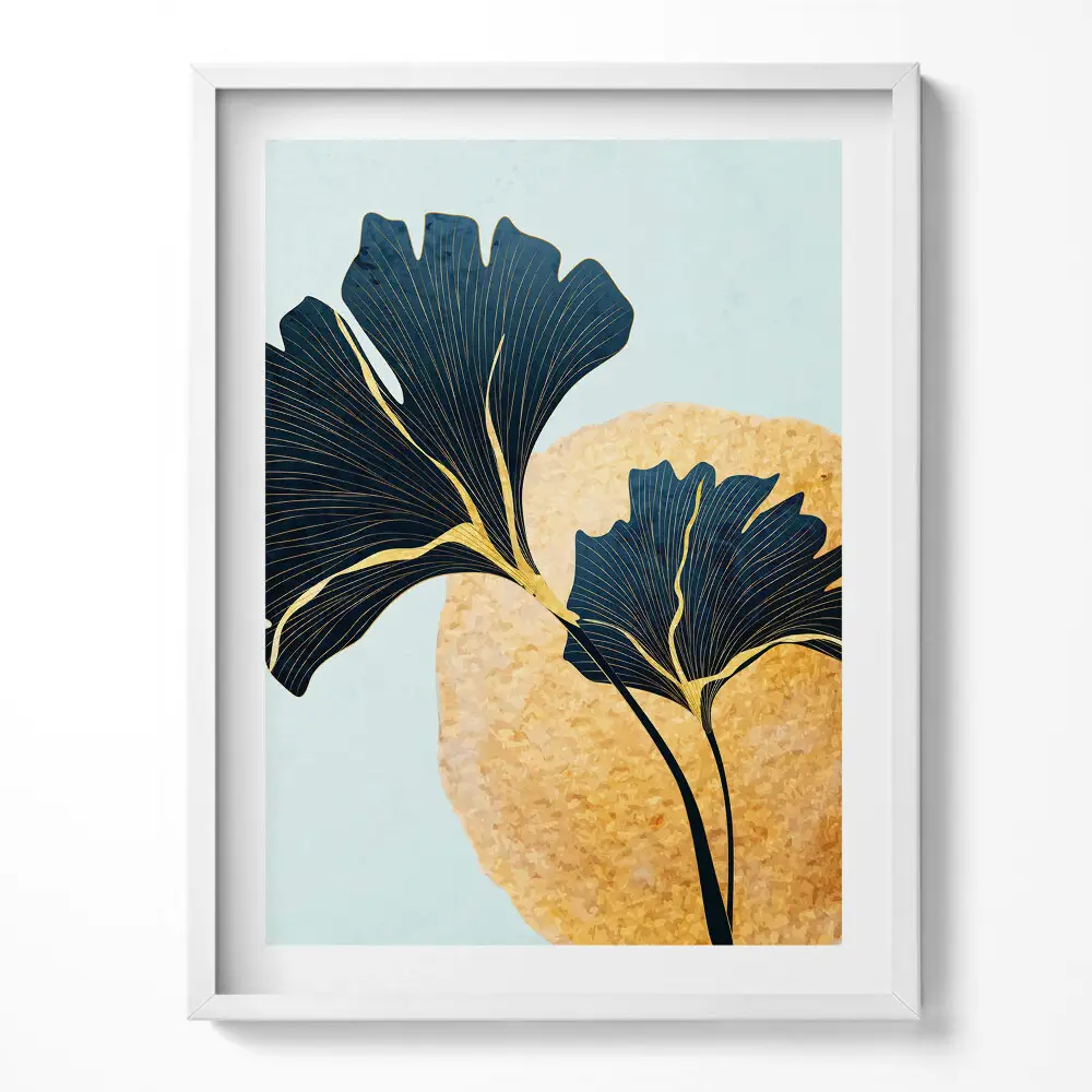 Obraz v ráme s ilustráciou listov ginkga a zlatým slnkom