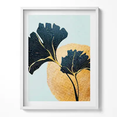 Obraz v ráme s ilustráciou listov ginkga a zlatým slnkom
