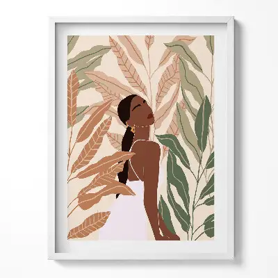 Obraz v ráme s ilustráciou ženy medzi listami v boho štýle