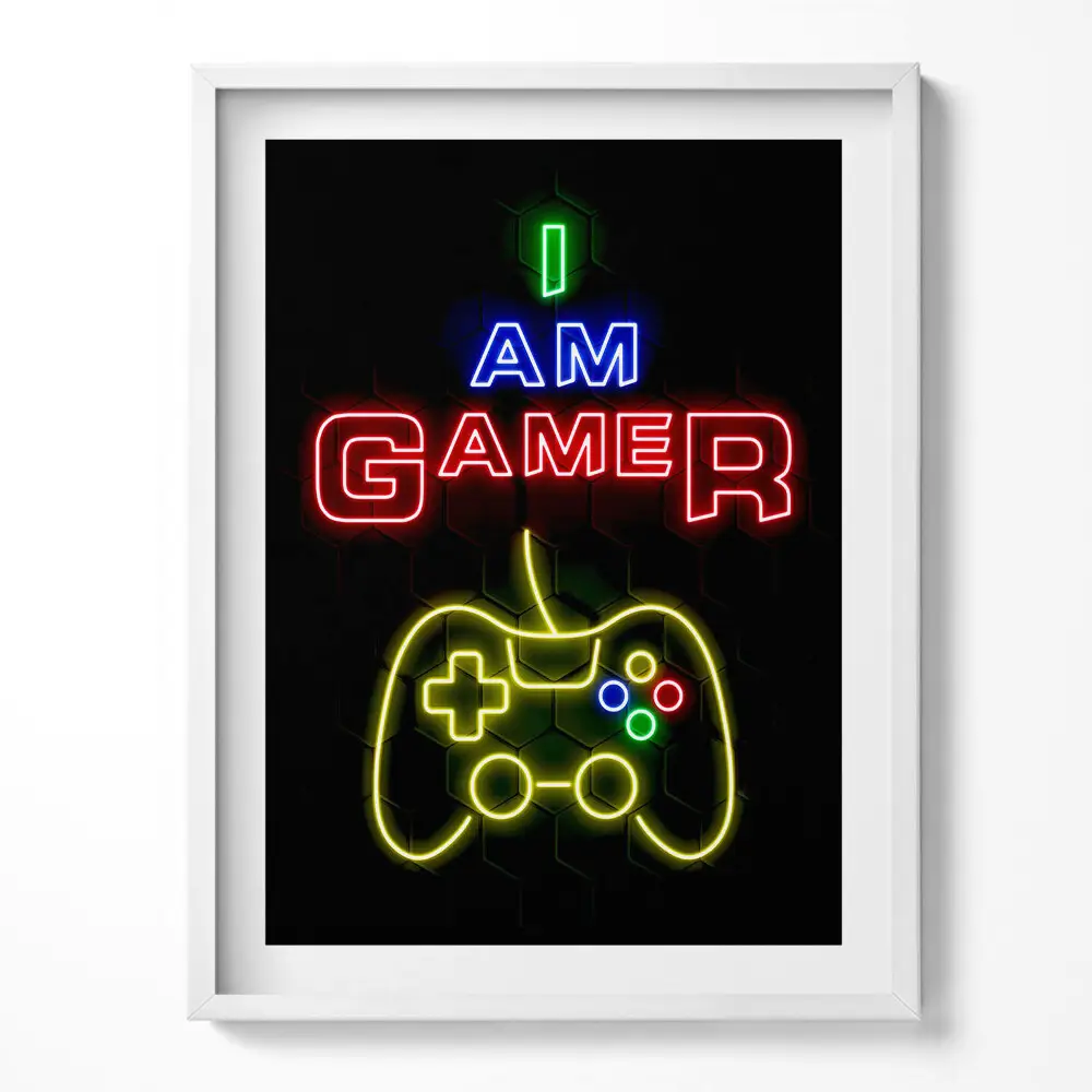 Obraz v ráme s neónovým nápisom I am gamer