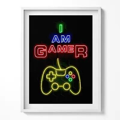 Obraz v ráme s neónovým nápisom I am gamer