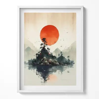 Obraz v ráme Japonská ilustrácia slnka nad skalami a stromami
