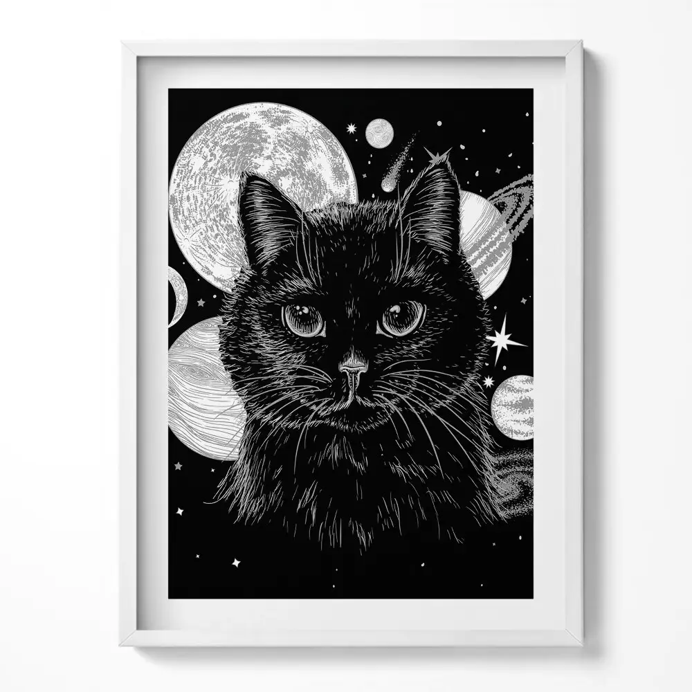 Obraz v ráme Magická čierna mačka a vesmír
