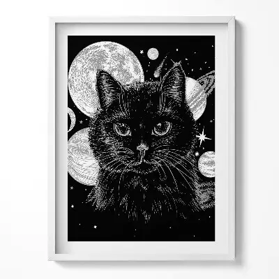 Obraz v ráme Magická čierna mačka a vesmír