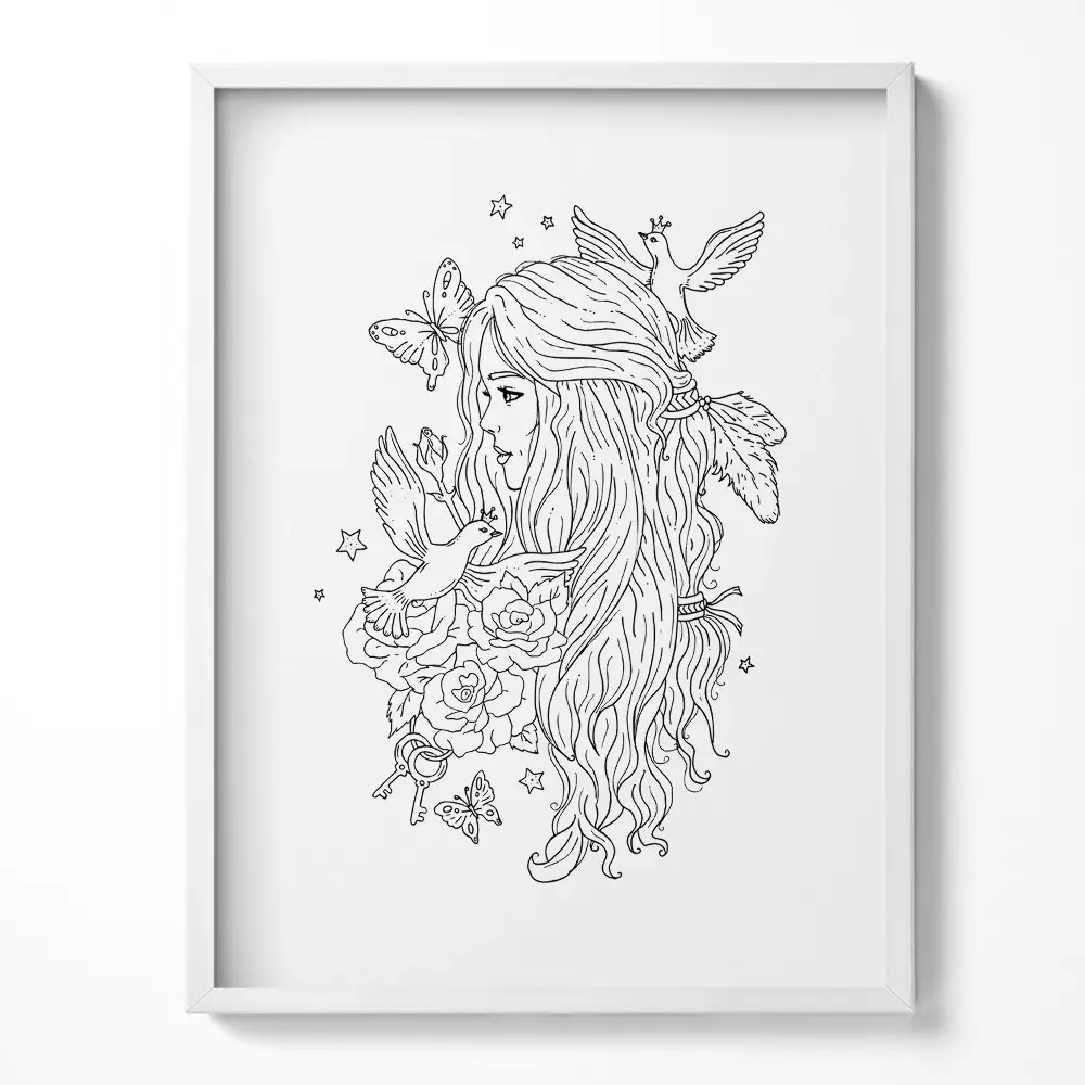 Obraz v ráme s ilustráciou dievčaťa v štýle čiarovej grafiky