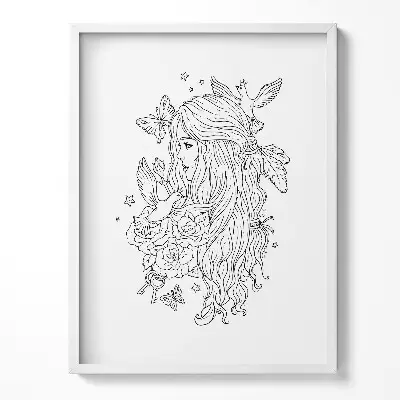 Obraz v ráme s ilustráciou dievčaťa v štýle čiarovej grafiky