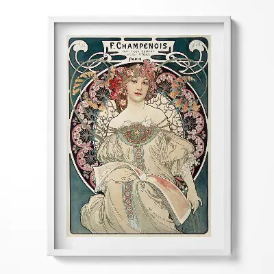 Obraz v ráme s ilustráciou ženy od Alfonsa Muchu