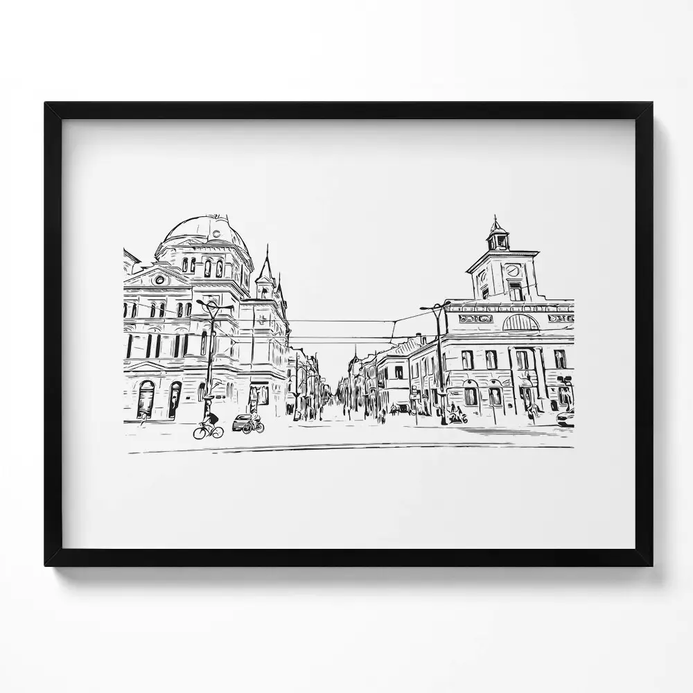 Obraz v ráme s ilustráciou starého mesta Poznaň