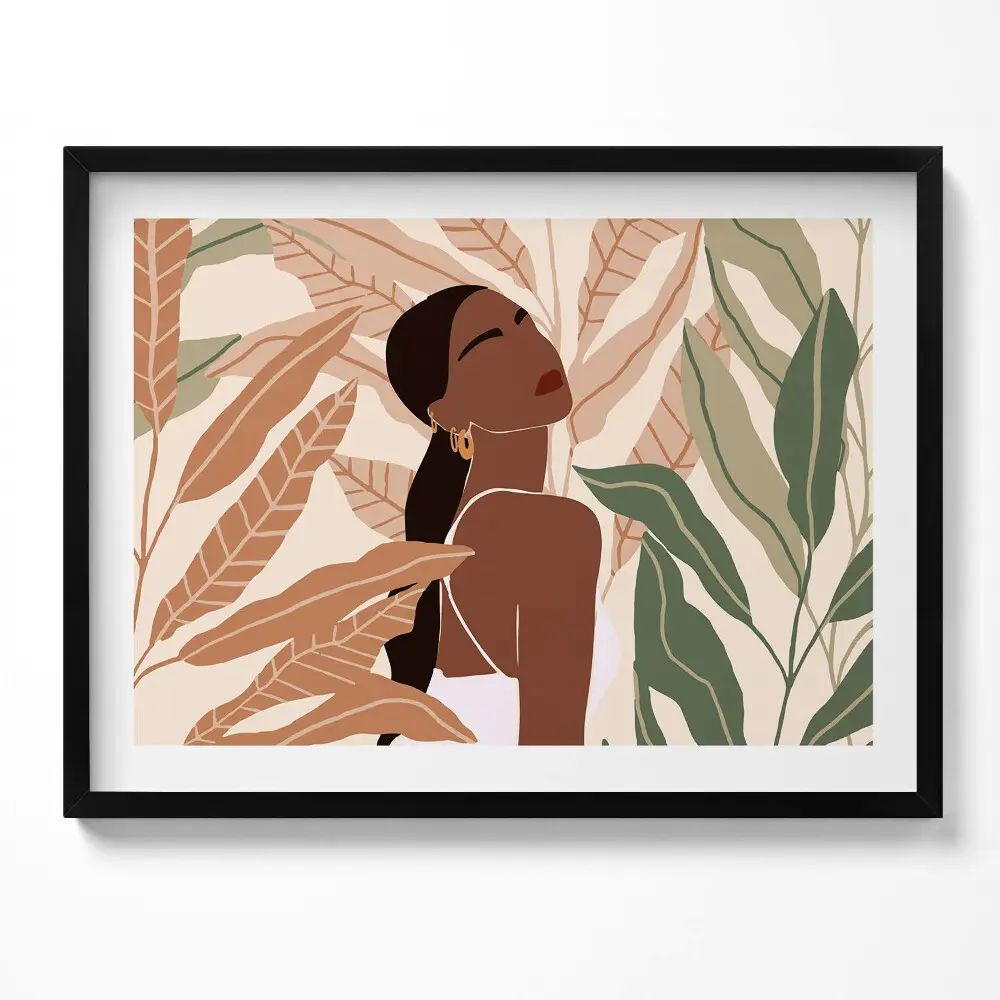 Obraz s rámom s ilustráciou ženy medzi listami v boho štýle