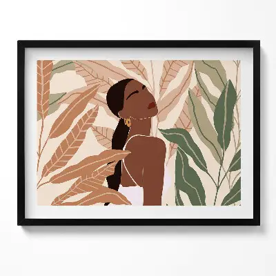 Obraz s rámom s ilustráciou ženy medzi listami v boho štýle