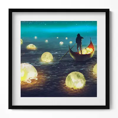 Obraz v ráme s ilustráciou lodí a mesiacov