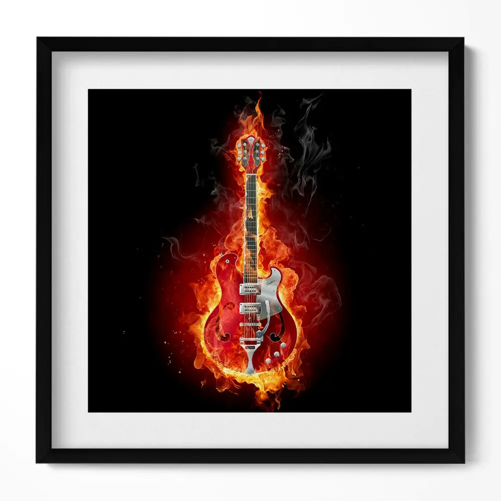 Obraz v ráme Horiaca červená elektrická gitara