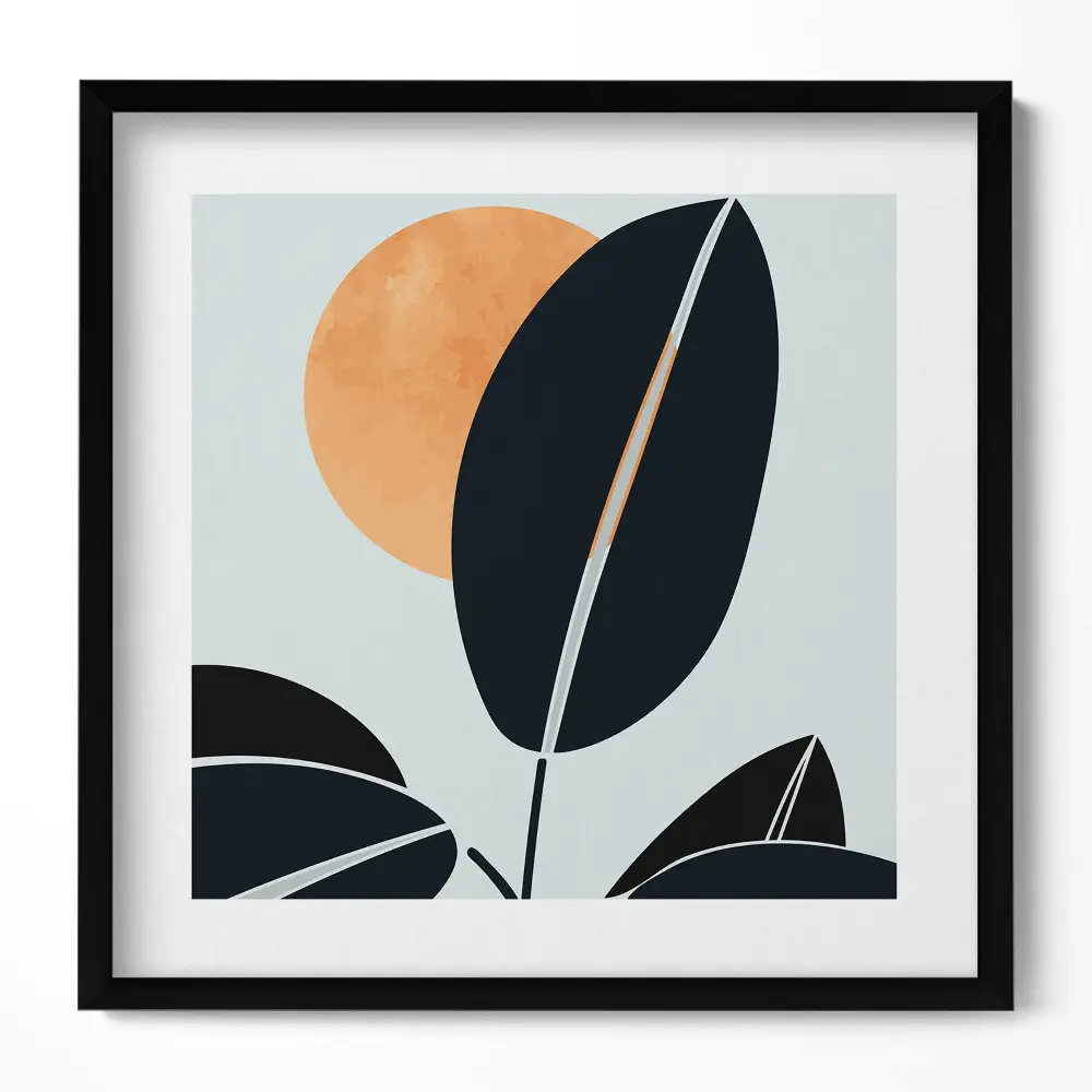 Obraz v ráme s minimalistickým motívom rastlín a slnka v boho štýle
