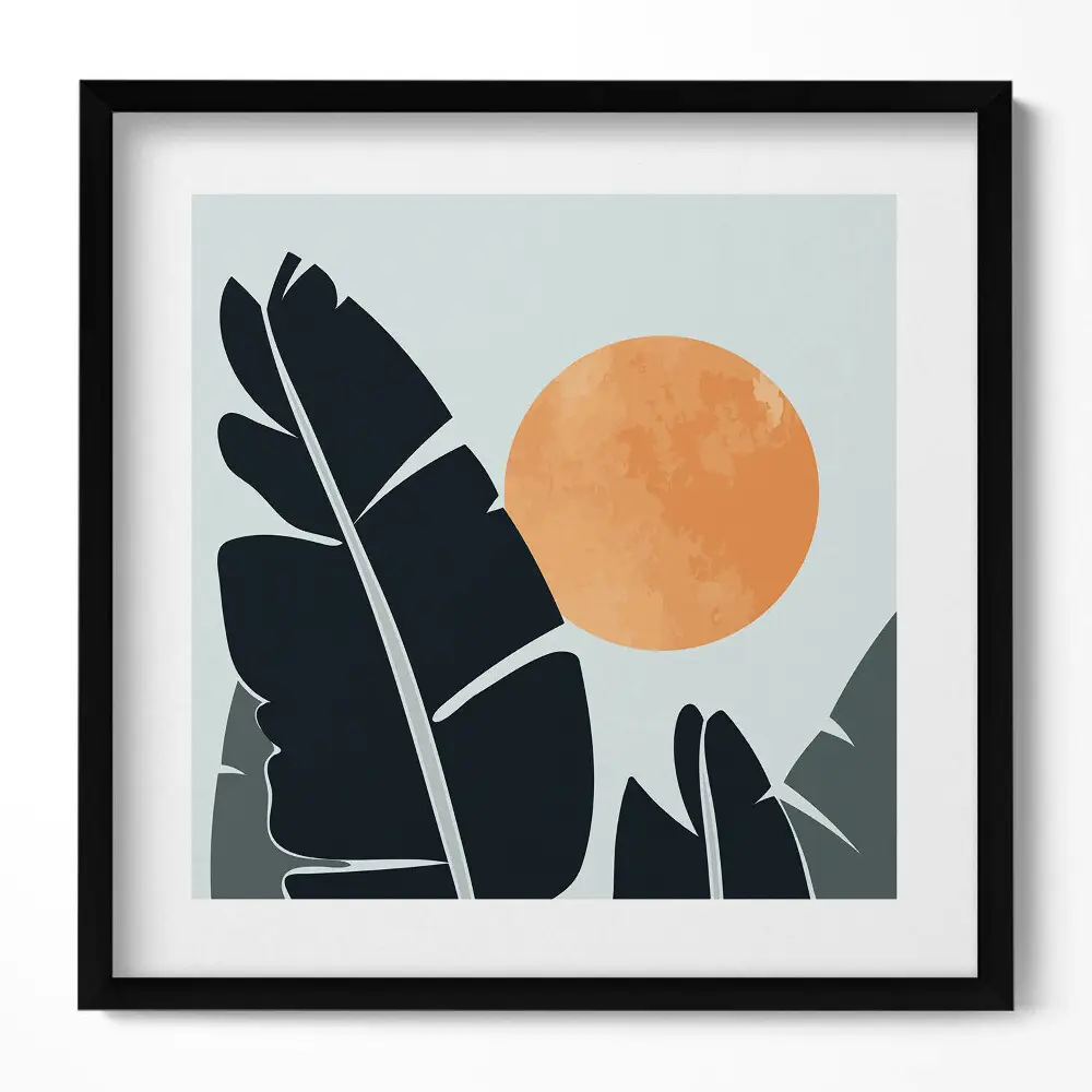 Obraz v ráme s minimalistickým motívom rastlín a slnka v boho štýle