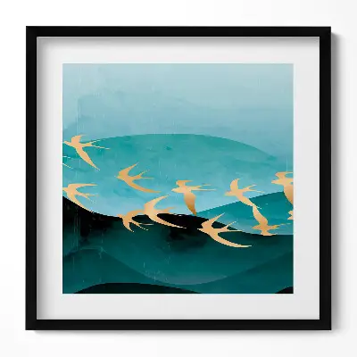 Obraz v ráme Ilustrácia zlatých vtákov na oblohe