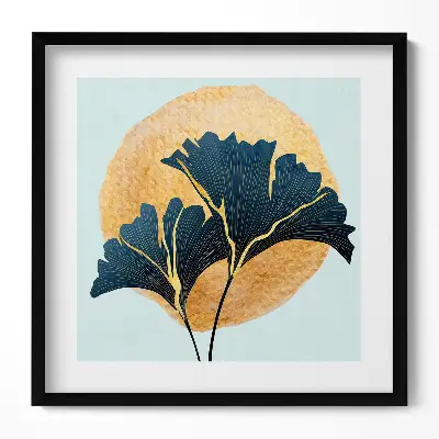 Obraz v ráme Ilustrácia listov ginkga so zlatým slnkom