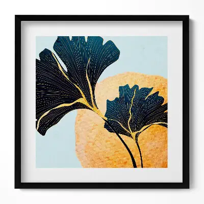 Obraz v ráme s ilustráciou listov ginkga a zlatým slnkom