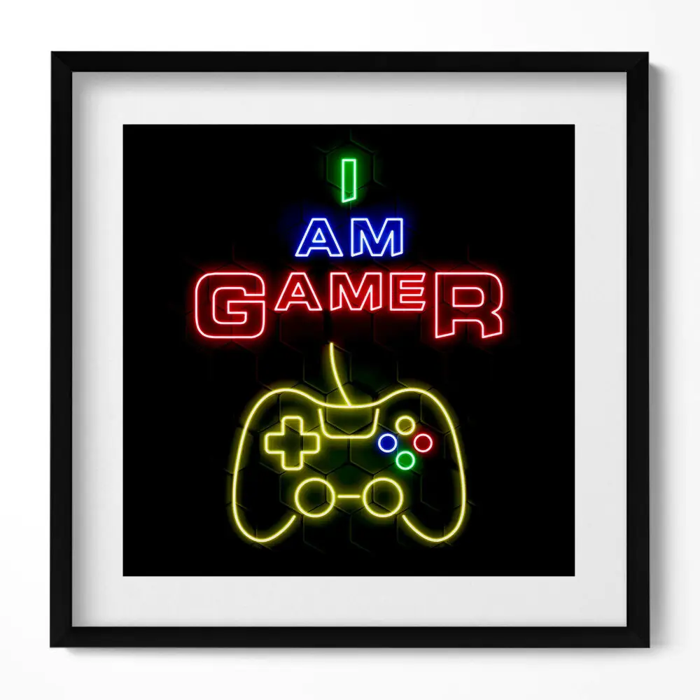 Obraz v ráme s neónovým nápisom I am gamer