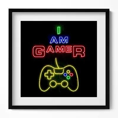 Obraz v ráme s neónovým nápisom I am gamer