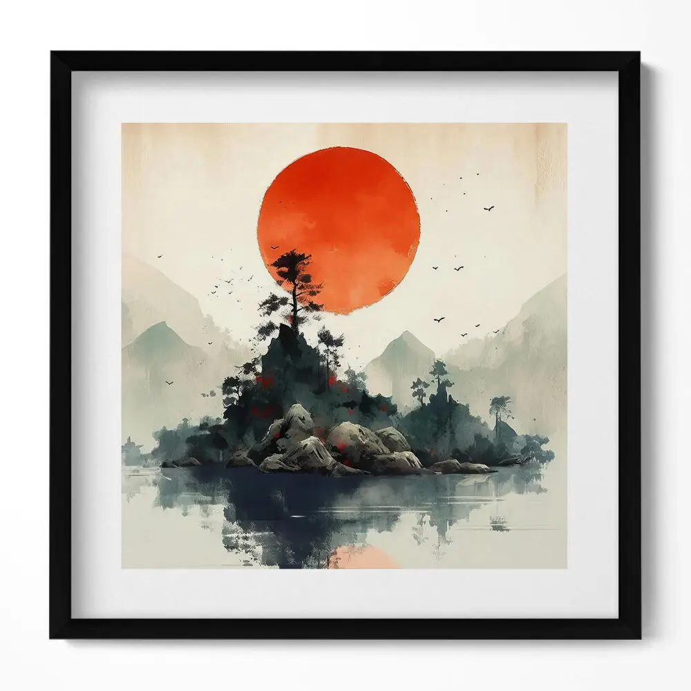 Obraz v ráme Japonská ilustrácia slnka nad skalami a stromami