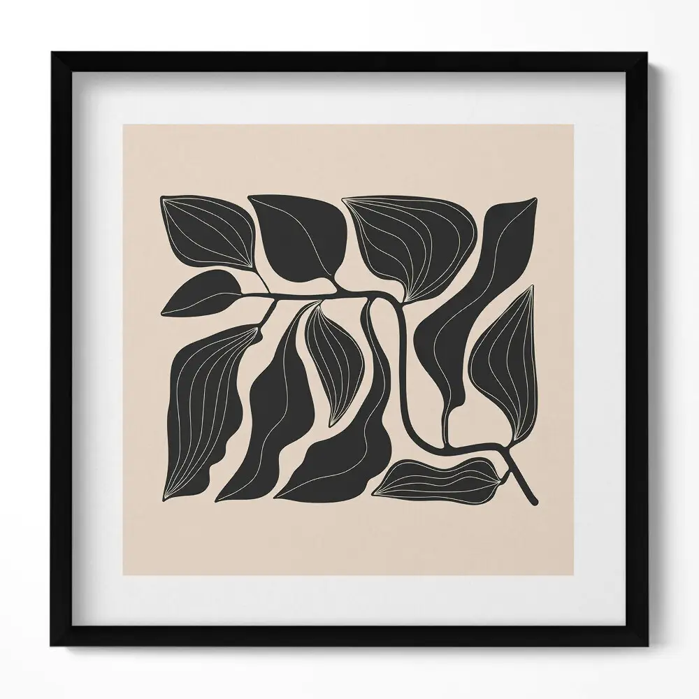 Obraz v ráme s minimalistickou ilustráciou listov rastlín