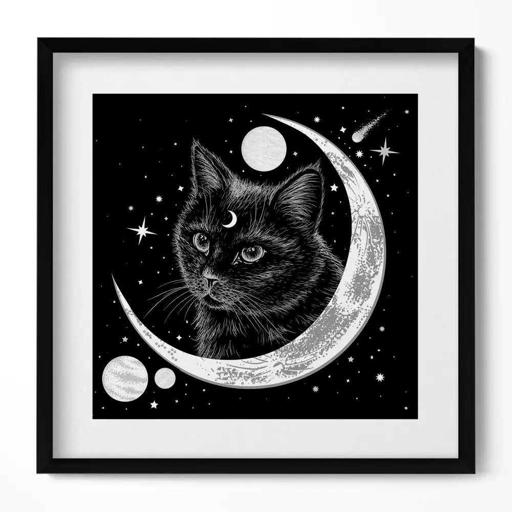 Obraz v ráme Magická čierna mačka a vesmír