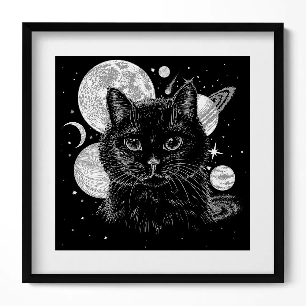 Obraz v ráme Magická čierna mačka a vesmír