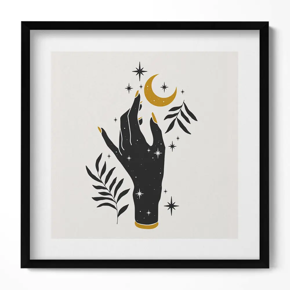 Obraz v ráme s ilustráciou ženskej ruky a hviezd