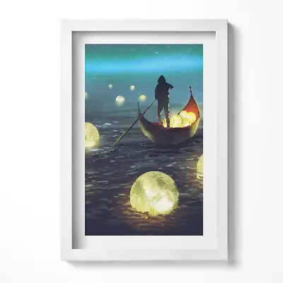 Obraz v ráme s ilustráciou lodí a mesiacov