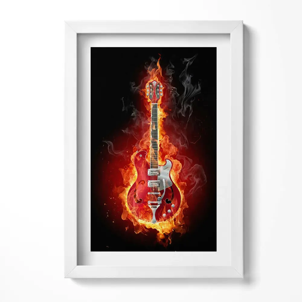 Obraz v ráme Horiaca červená elektrická gitara